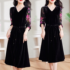 现货-新品】春装金丝绒连衣裙2024年中长款显瘦V领中长款裙子，女装连衣裙，仁梯