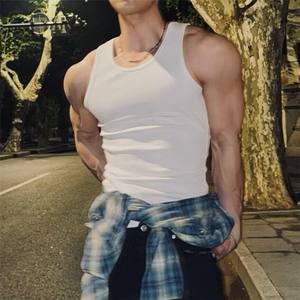 黑色螺纹工字背心男cleanfit美式运动健身无袖t恤显肌肉坎肩汗衫图片
