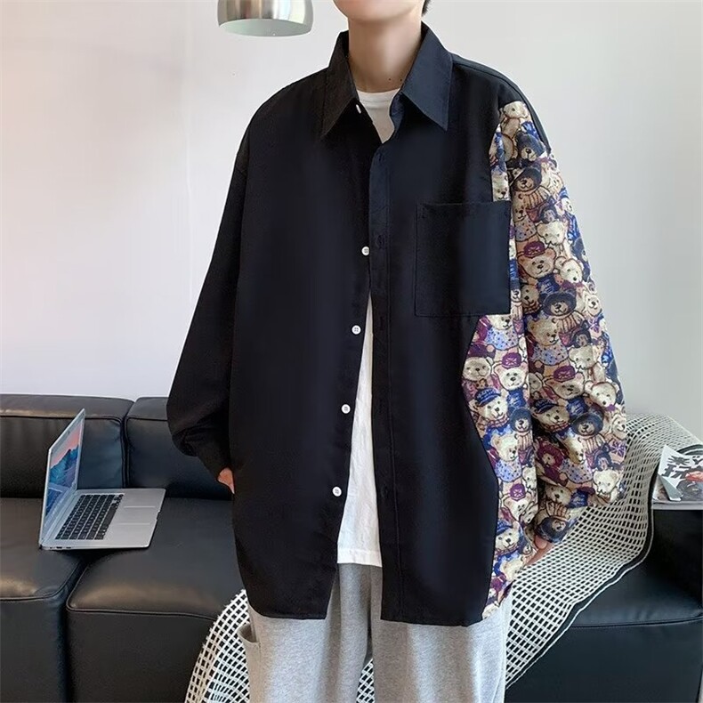 小熊拼接宽松薄款港风长袖衬衫男夏季ins潮牌衬衣外套W3567-P32,男装衬衫,星座512-2