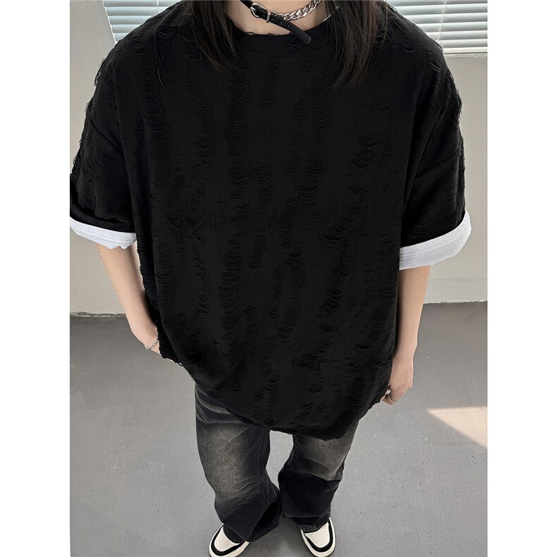 主推高质量夏季破洞短袖重磅情侣t恤女设计感中性上衣D247P30,男装T恤,电商A335-1（原A458）