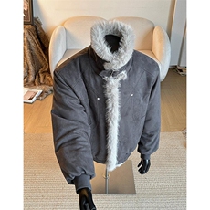 现货重磅硬挺boxy羽绒棉衣座山雕大毛毛领洗水麂皮棉服冬外套，男装棉衣，电商A486