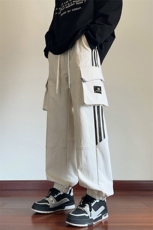 复古条纹裤男生秋季慵懒风撞色拼接束脚裤cleanfit宽松显瘦阔腿裤，男装休闲裤，电商A022