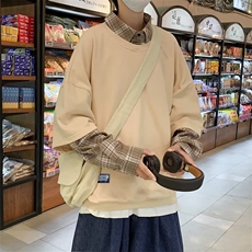 秋冬季假两件卫衣男衬衫领拼接ins潮牌百搭格子外套W5342-P42，男装卫衣，星座512-3