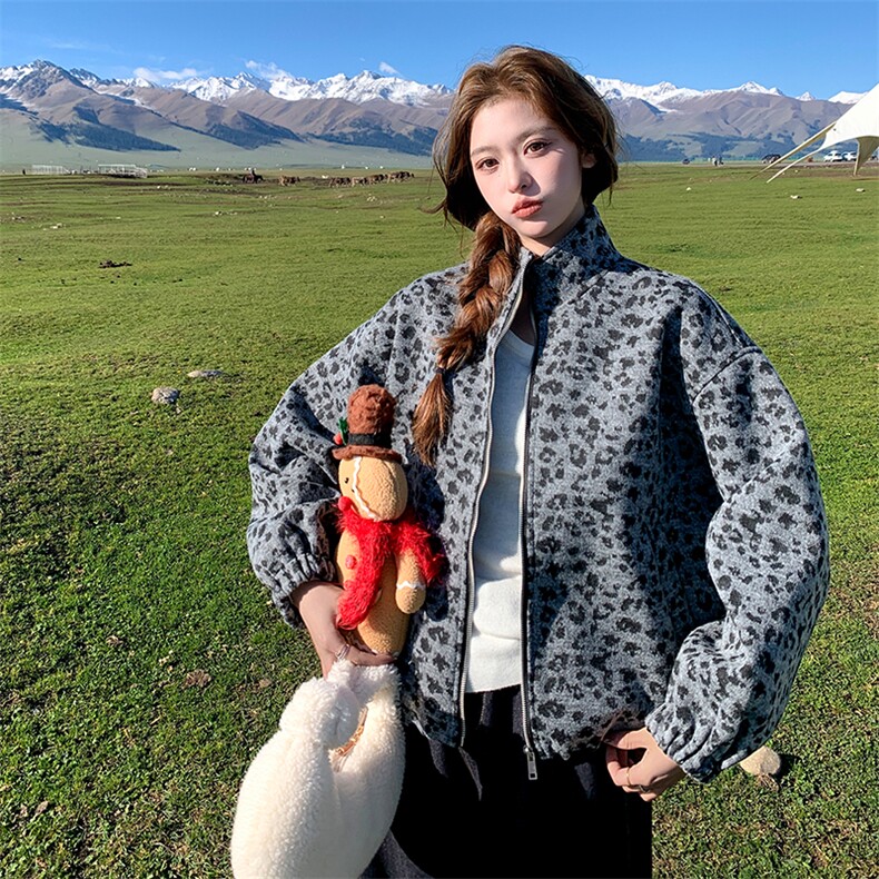 美式复古豹纹立领毛呢外套女2025年秋冬季新款高级感慵懒宽松上衣图片