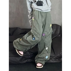 美式复古花朵刺绣多口袋直筒工装裤男女高街设计感宽松情侣阔腿裤，男装工装外套，星座1210-1