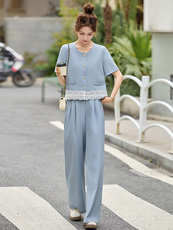 小香风套装女2025夏新款韩系高级感御姐蕾丝短袖阔腿裤一整套穿搭，女装套装/套裙，牡丹诺