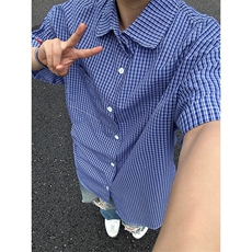 格子衬衫春夏美式短袖衬衫港风情侣装休闲衬衣CS286-P30，男装衬衫，星座301C-5
