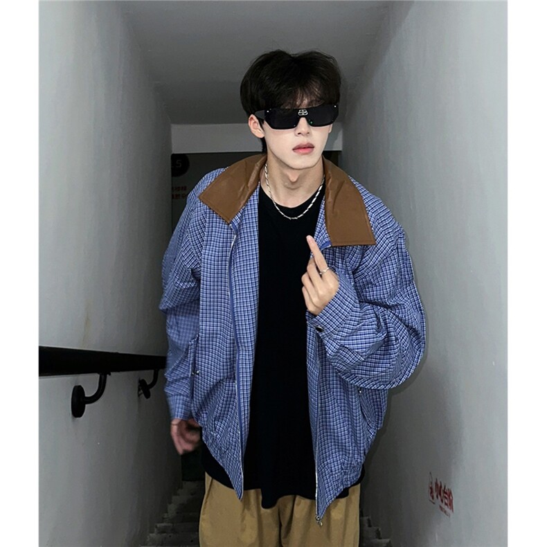 小众设计感垫肩格子外套男美式复古cleanfit宽松撞色夹克JK658,男装夹克,星座1116A（原606A-3）
