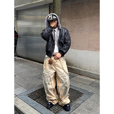 1506/QS60290/P124霜冻裂纹皮1500G仿水貂连帽PU皮高级感棉服夹克，男装夹克，星座1506