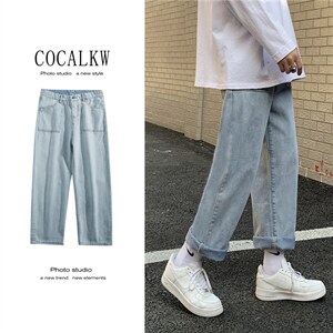 新款港风浅色牛仔裤男士宽松阔腿老爹裤韩版长裤中性k354-p35图片