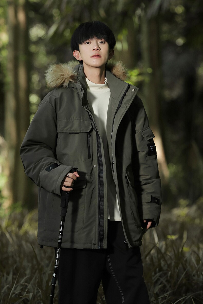 山系军绿色棉服男款冬季潮牌宽松大码毛领棉袄连帽工装棉衣服外套,男装棉衣,星座717