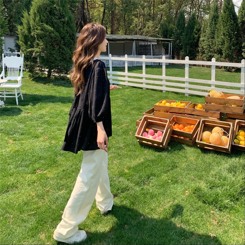 韩系百搭黑色波点上衣女2025夏季新款超好看宽松休闲显瘦圆领T恤,女装T恤,2D036