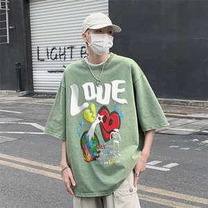 B239-X1027-P38 美式 字母 做旧水洗短袖落肩袖短袖T恤男图片