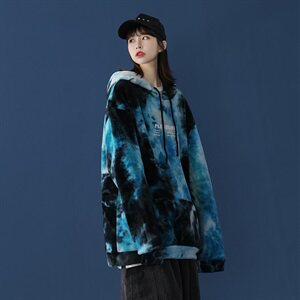 703-W198-P68 秋冬双面金丝绒扎染 加绒宽松休闲卫衣蓝底图片