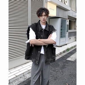 复古水洗磨破短款牛仔马甲无袖男夏潮流帅气坎肩上衣~MJ8924图片