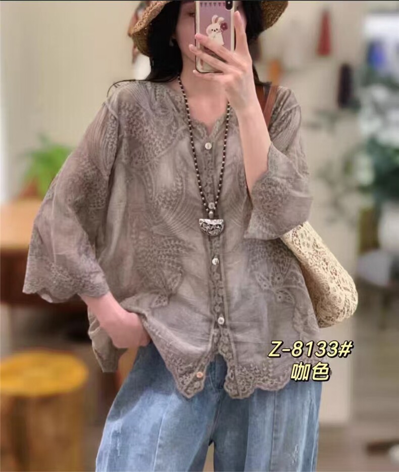 2025时尚百搭简约炒色棉纱开衫,女装衬衫,湘姗