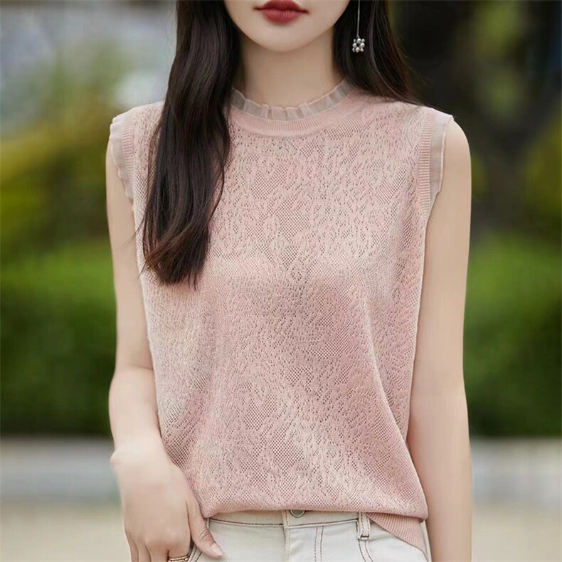 蕾丝花边领羊毛打底衫早秋洋气宽松百搭无袖内搭背心针织衫上衣女，女装背心吊带，朝贺羊绒