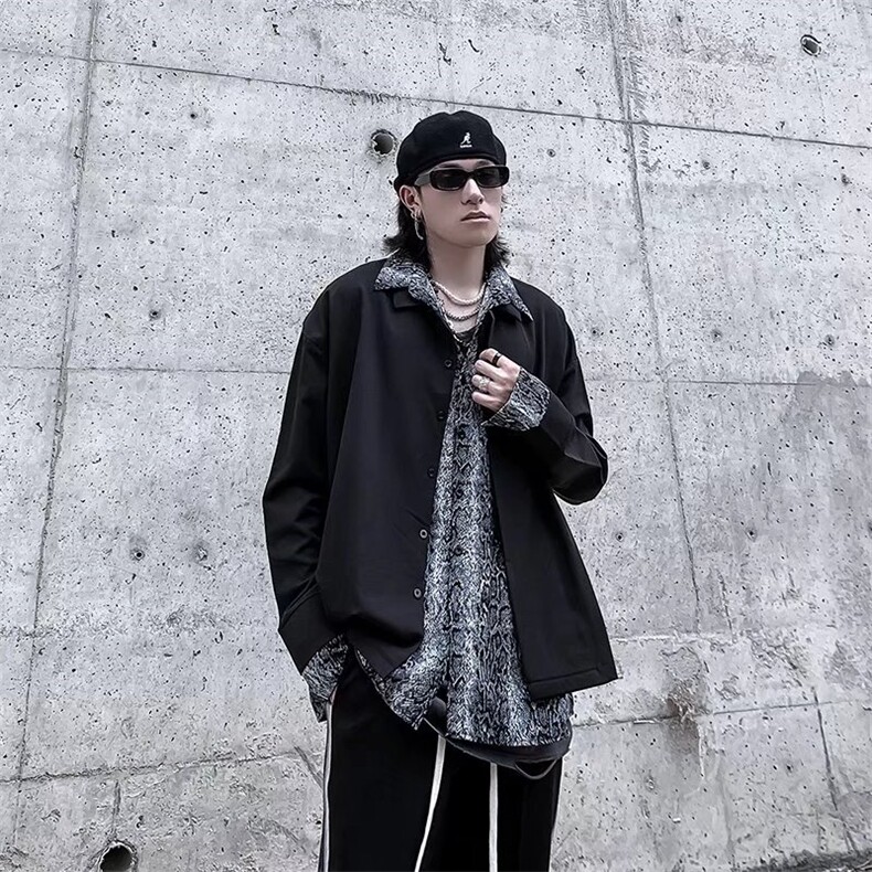 长袖衬衫男港风日系暗黑高街豹纹假两件衬衫RC12P50,男装衬衫,星座1116-2
