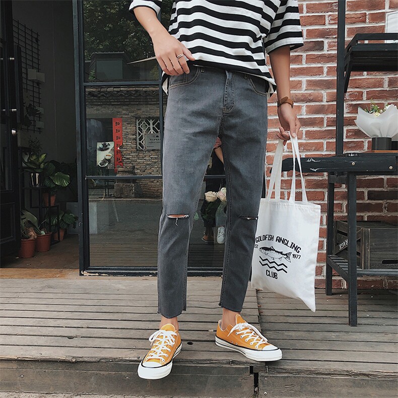 新款破洞九分裤男士牛仔裤修身韩版潮流小脚港风9分裤子N201，男装牛仔裤，电商A318