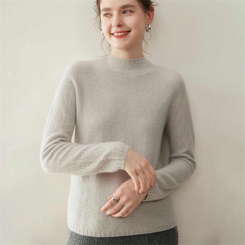 2025年秋季新款百搭女士一线肌理纹半高领羊绒衫，女装羊绒衫，纳丰羊绒
