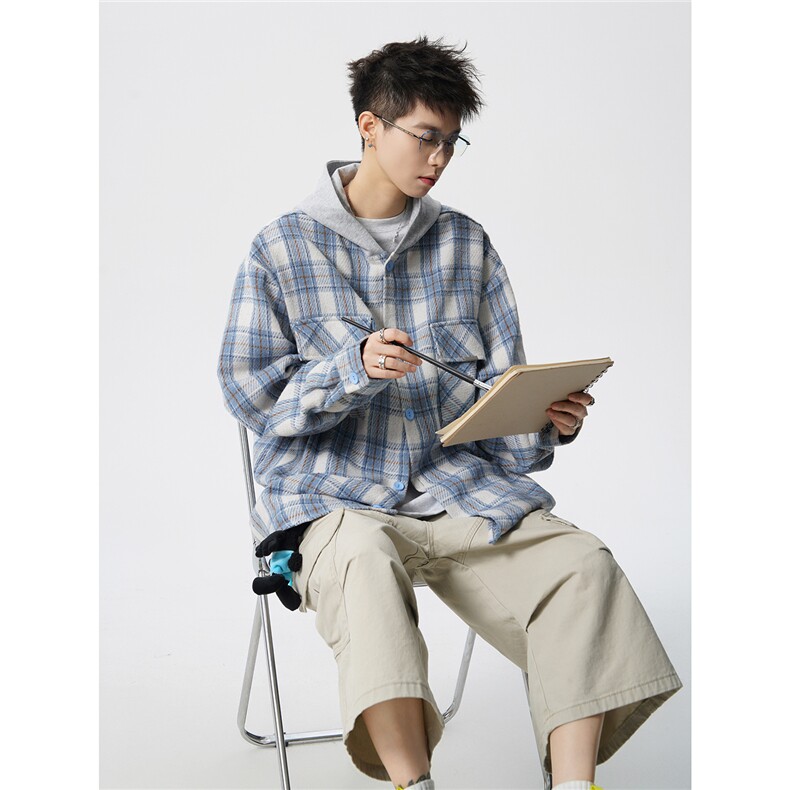 美式复古连帽格子衬衫大码磨毛长袖衬衣慵懒风宽松外套CS9007/P55,男装衬衫,电商B238