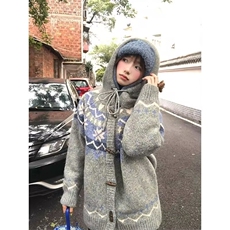 秋冬复古费尔岛提花毛衣开衫男女连帽牛角扣外套设计感针织上衣，男装针织衫/毛衣，星座601-1
