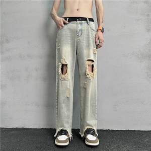 k1019-p50-控78 M-5XL 现货oversize cleanfit显瘦黄泥牛仔裤破洞图片