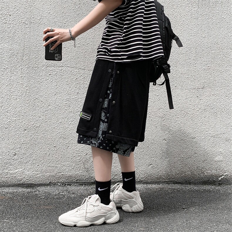 腰果花排扣短裤男街头潮流嘻哈港风宽松拼接休闲五分裤子D008-p28图片