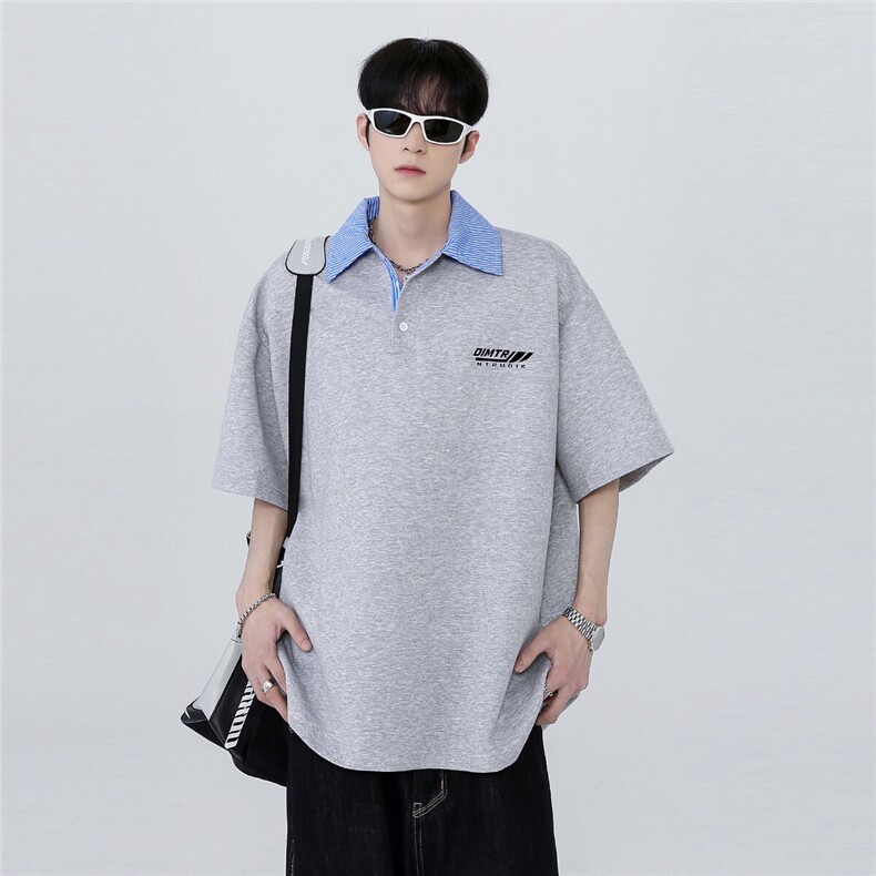 翻领假两件拼接条纹潮牌痞帅炸街少年感短袖POLO衫T603-P48,男装Polo衫,电商C307