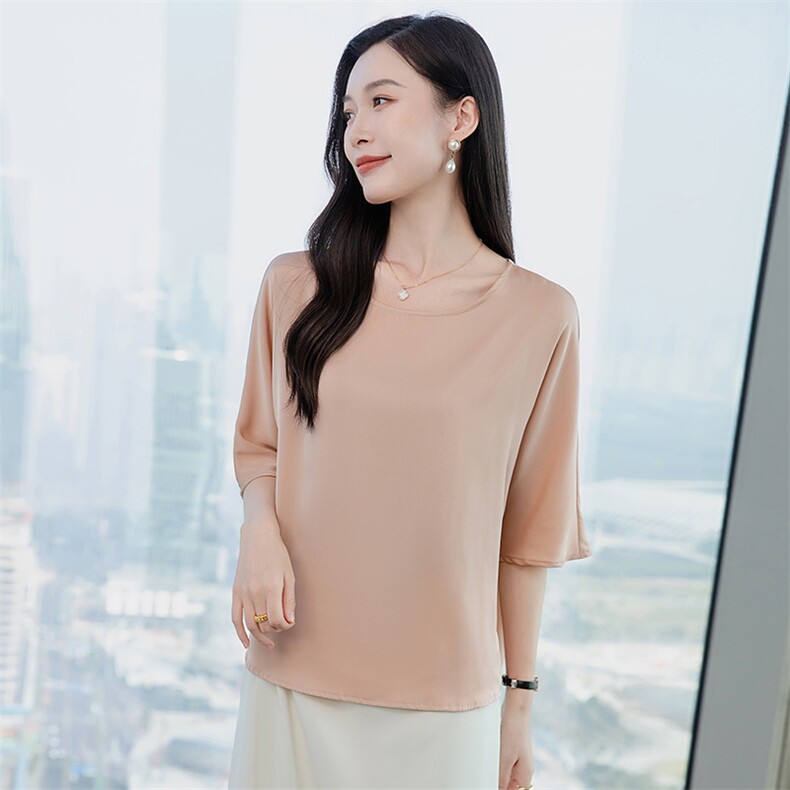 重磅圆领酒红真丝衬衫女五分袖2026春新款妈妈宽松大码真丝上衣,女装衬衫,阿舍尔精品