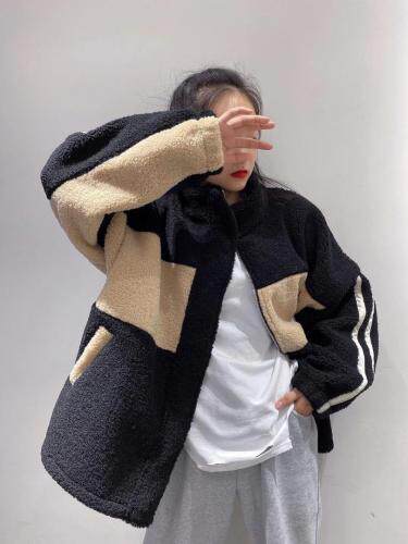 腔调款双色拼接羊羔毛外套，女装，r+i=aa