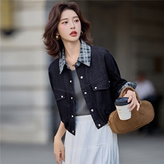 现货2025秋装新款格子拼接复古时尚牛仔外套，女装牛仔外套，深水步