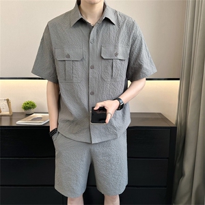 2025夏季 冰丝短袖短裤透气褶皱两件套运动休闲套装 2716-P95图片