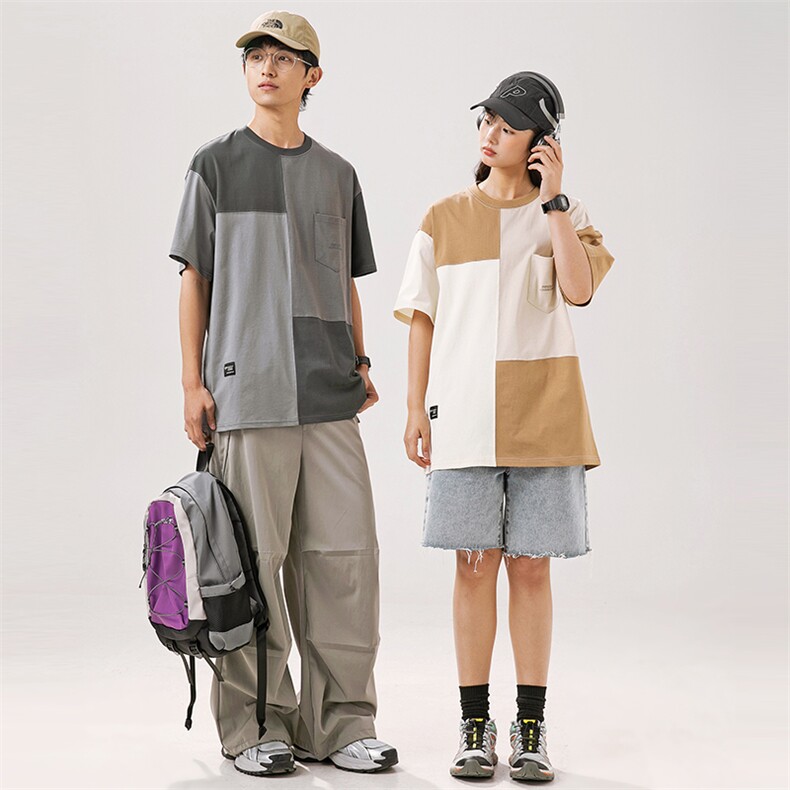 2025夏季新款男装日系潮牌纯棉拼色圆领宽松短袖休闲T恤T892-F55图片