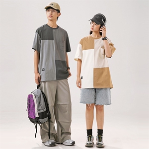 2025夏季新款男装日系潮牌纯棉拼色圆领宽松短袖休闲T恤T892-F55图片