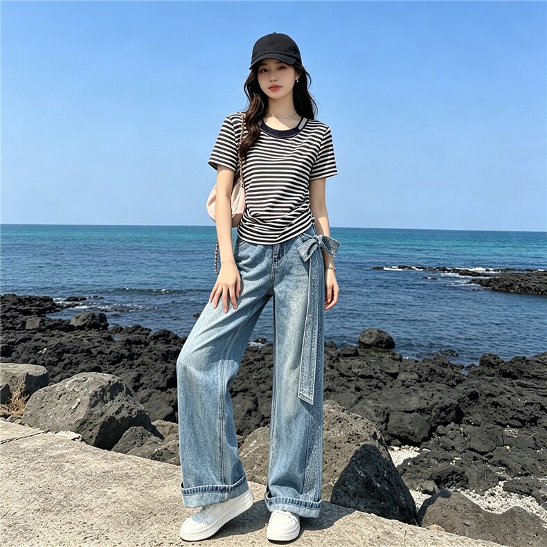 慵懒风时尚休闲套装女夏季新款圆领条纹短袖上衣烫钻牛仔裤两件套,女装套装/套裙,江南