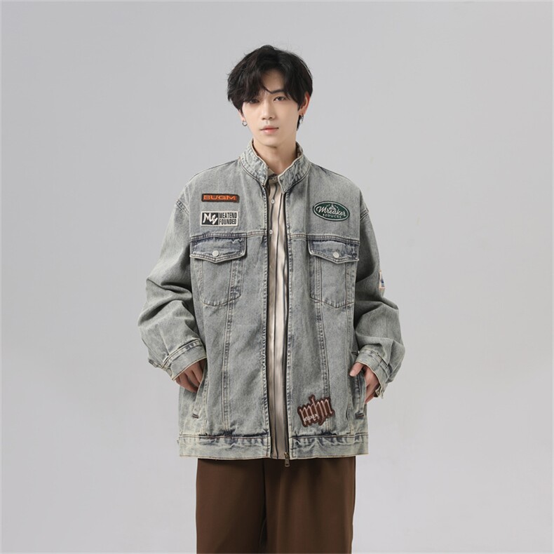 2024潮牌机车风绣标牛仔外套男美式复古做旧翻领棒球服JK1020-P95，女装职业装，星座1103-3