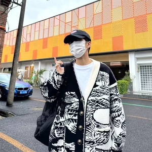 2023男士秋冬针织衫开衫外套男款时尚休闲印花保暖毛线衣线衫P52图片