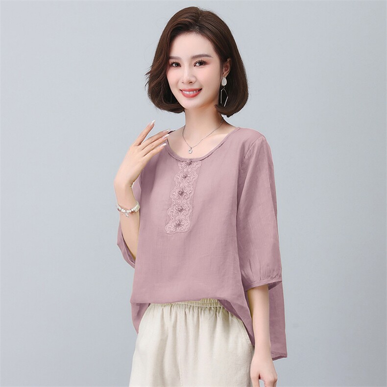 苎麻衬衫女夏季2023年新款时尚宽松洋气中年妈妈气质休闲薄款上衣,女装T恤,希欧阁