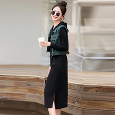 牛仔连衣裙女2025春秋新款高级感法式气质卫衣裙休闲显瘦马甲套装，女装套装/套裙，意芙