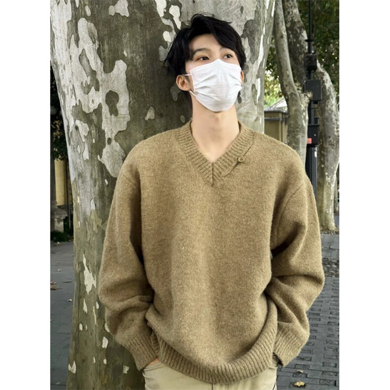 M222-特P60 灰色设计感松弛感V领针织衫宽松毛衣图片