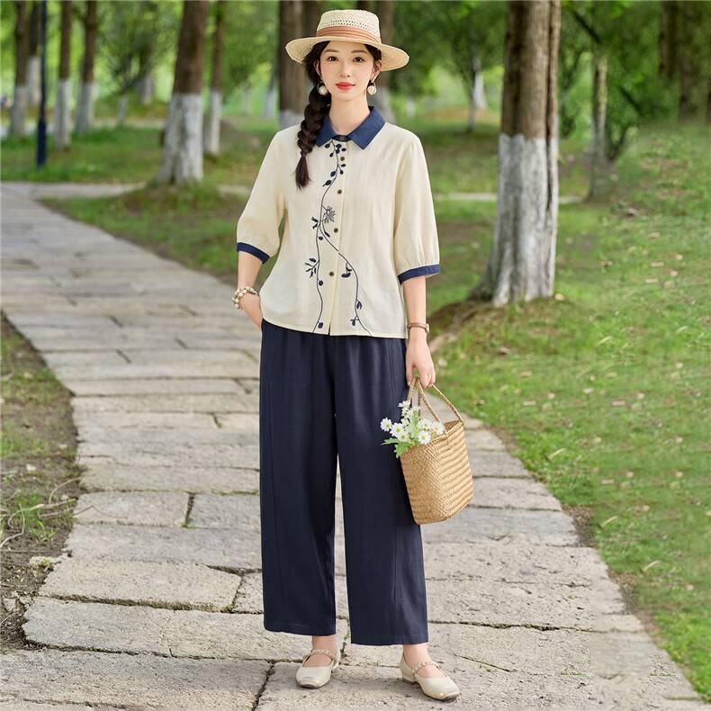 2026年夏季时尚刺绣撞色拼接两件套套装女,女装套装/套裙,依路服饰