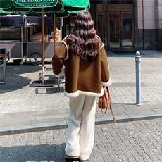 咖色两面穿皮毛一体羊羔毛外套女2025冬季新款复古牛角扣保暖棉服，女装棉衣/棉服，2D036
