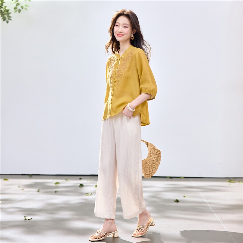 长期现货2026夏季新款天丝苎麻刺绣衬衫T恤中年阔腿裤两件套装女，女装套装/套裙，璐依舞