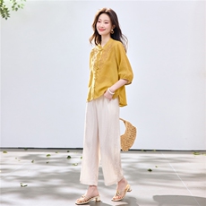 长期现货2026夏季新款天丝苎麻刺绣衬衫T恤中年阔腿裤两件套装女，女装套装/套裙，璐依舞