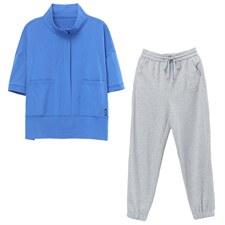 2023夏季新款简约休闲时尚立领上衣腰部个性松紧系带休闲裤两件套，女装套装/套裙，玛其路