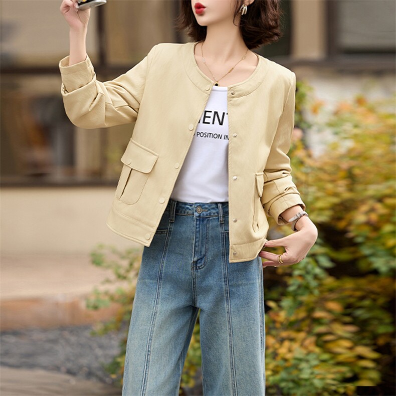 2025春秋季新款高级感质感长袖短款圆领pu皮衣夹克欧美时尚外套女,女装皮衣,美拉德工厂直营店