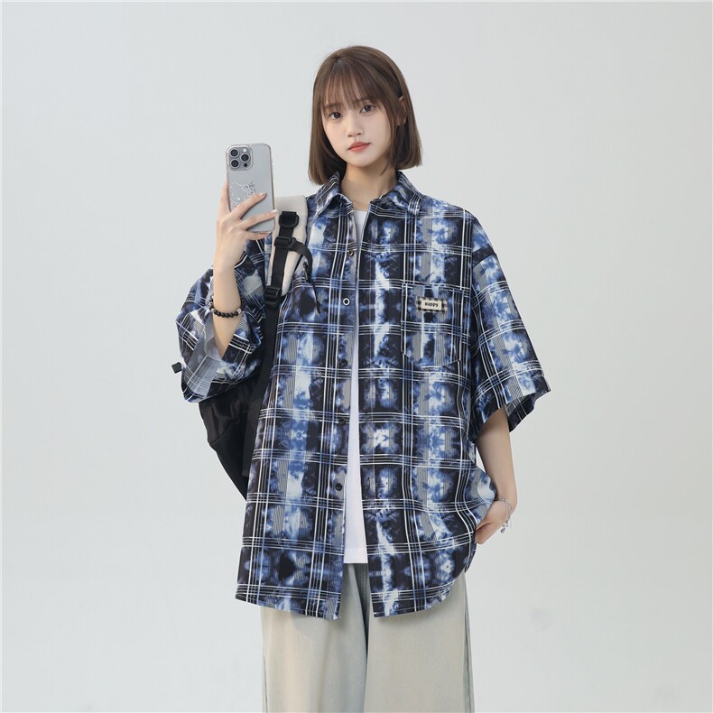 XZ-230-1CS506夏新款中性风简约轻奢水墨格子休闲短袖衬衫P45控58,男装衬衫,星座230-1