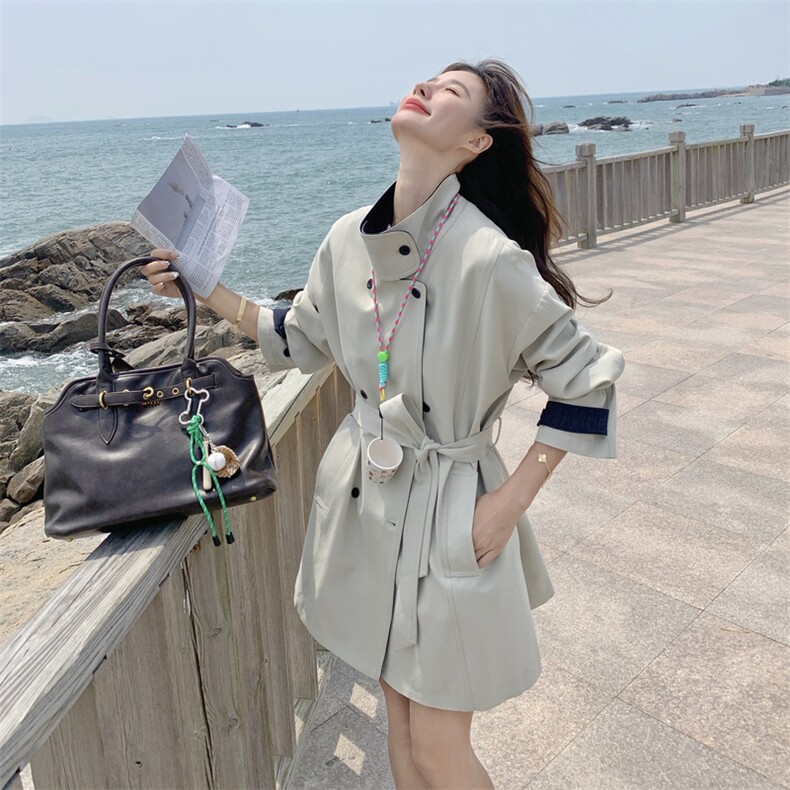 韩系高级感米白色风衣外套女2025年春秋季新款显瘦撞色中长款大衣,女装短外套,2C230