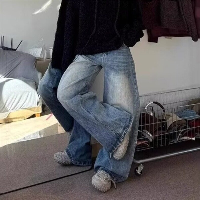 美式高街cleanfit竹节水洗做旧弯刀牛仔裤男女直筒微喇廓形长裤子图片